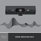 Logitech webcam with noise-reducing mics feature on a gray background
