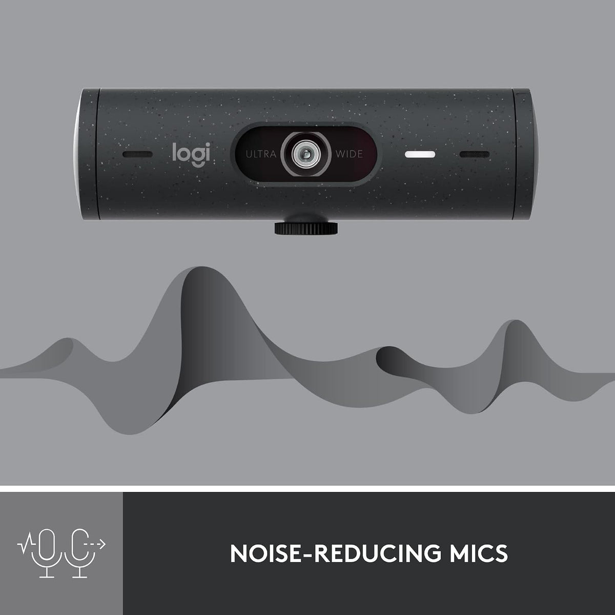 Logitech webcam with noise-reducing mics feature on a gray background