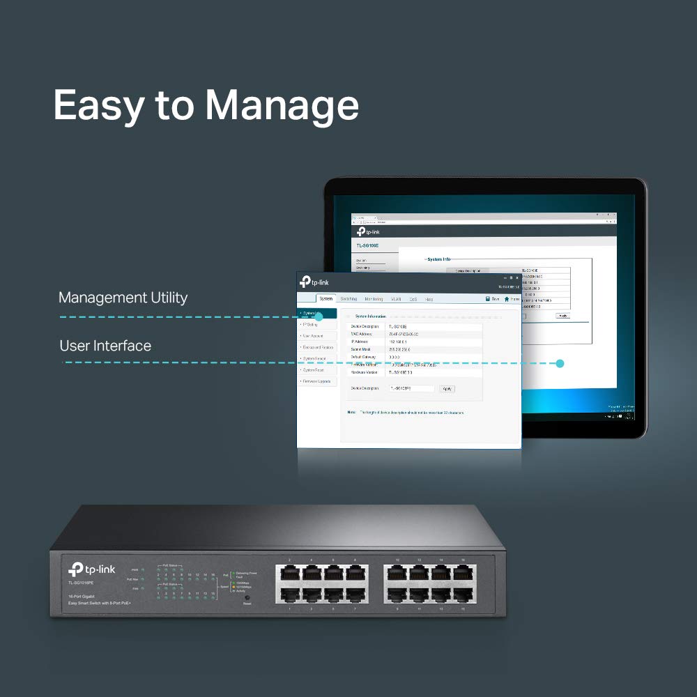 TP-Link TL-SG1016PE 16 Port Easy Smart PoE Switch with 8-Port PoE+