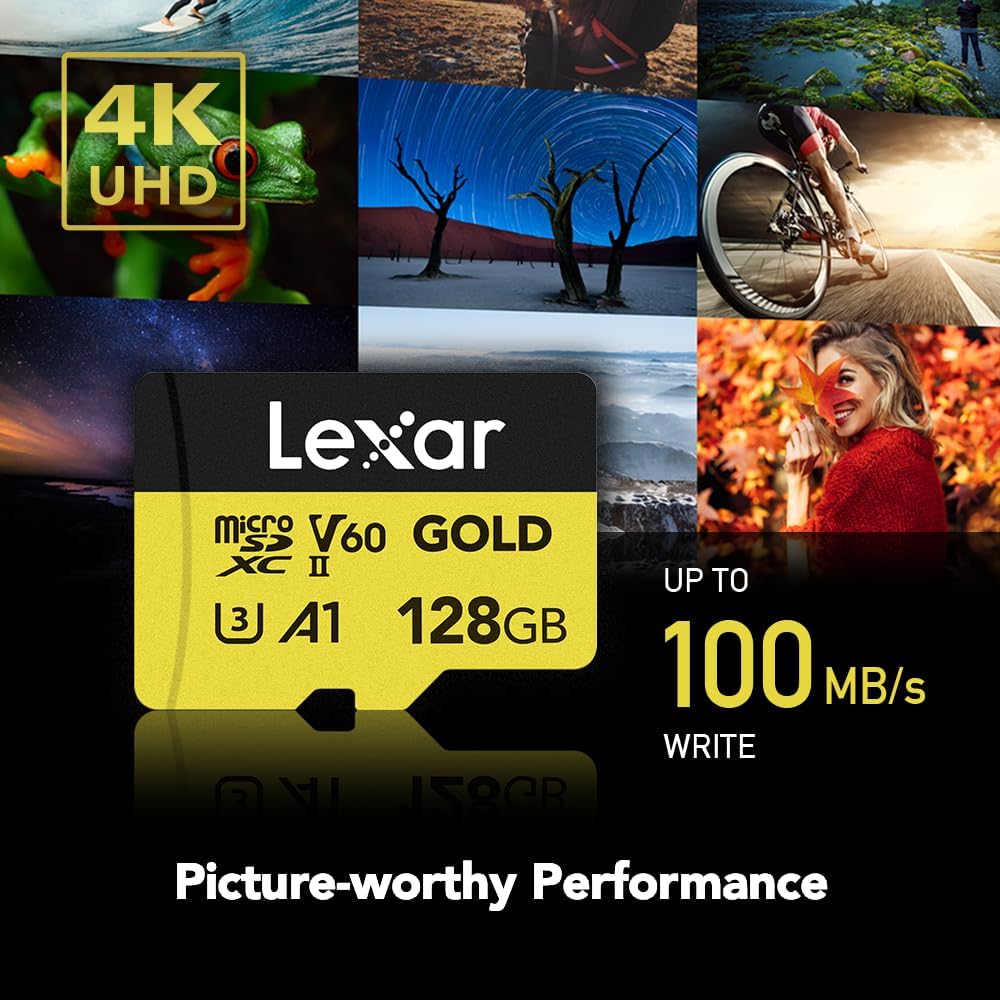 Lexar 128GB Professional Gold Micro SD Card, UHS-II, C10, U3, V60, A1, Full HD, 4K, Up to 280/100 MB/s microSDXC Memory Card, for Drones, Action Cameras, Portable Gaming Devices (LMSGOLD128G-BNNNG)