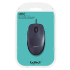 Logitech M100 mouse in packaging with teal background