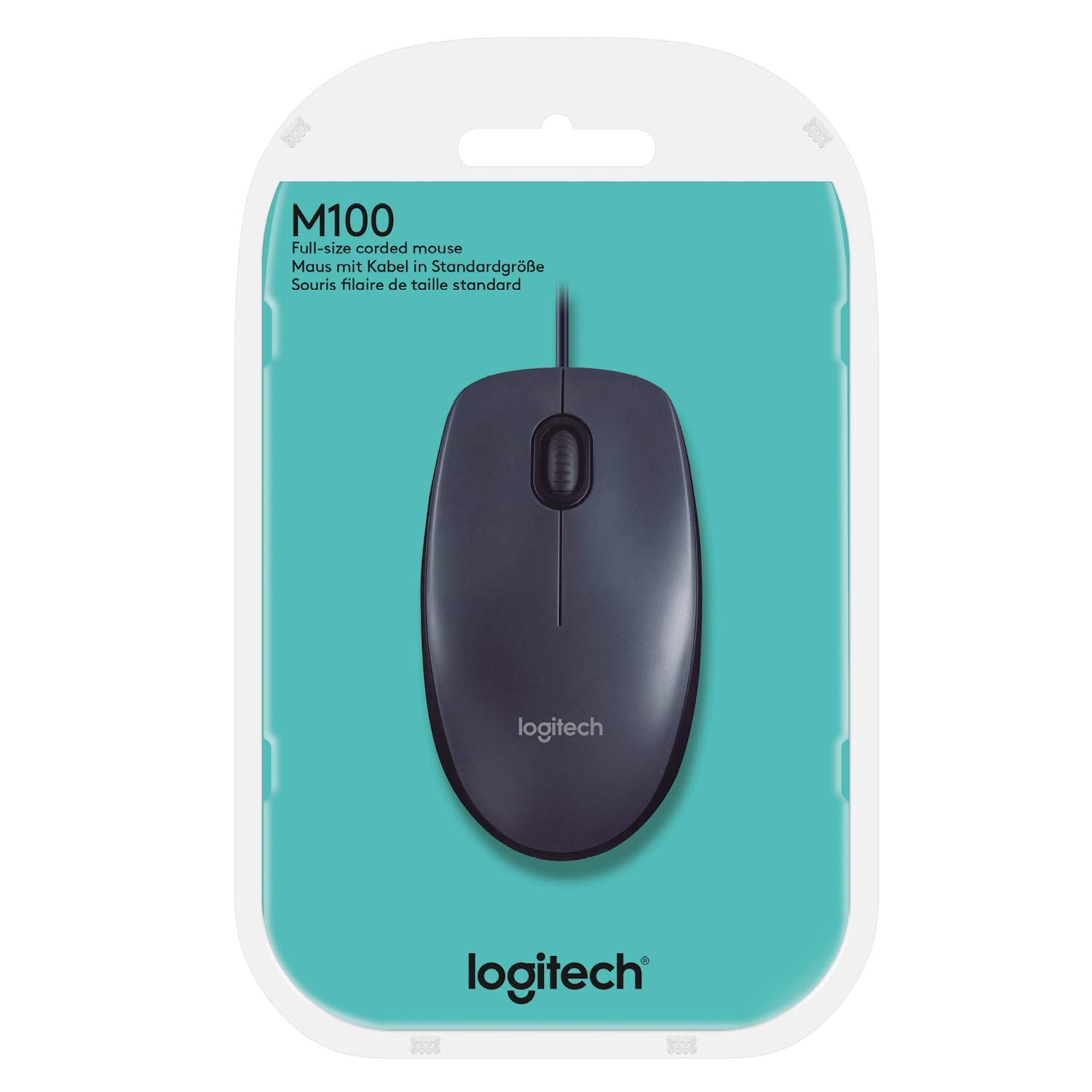 Logitech M100 mouse in packaging with teal background