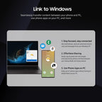 Promotional graphic for 'Link to Windows' feature with laptop and smartphone on a dark background