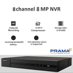 PRAMA 8-channel 8 MP NVR security recorder shown on a light gray background with feature callouts including 2160p HD recording, H.265+ compression, storage up to 6 TB HDD, incoming bandwidth 80Mbps, and VCA detection alarm support.