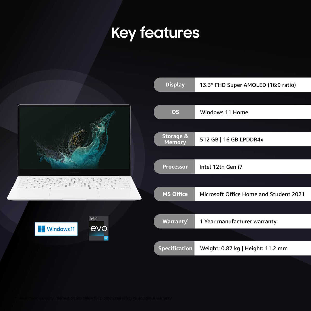 A promotional infographic for a white laptop on a dark background, with the heading 'Key features' and a list of specifications including display size, OS, storage, processor, MS Office, warranty, and dimensions.