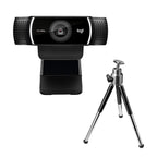 Logi HD 1080p webcam with a black stand, shown alongside a separate silver and black mini tripod on a plain white background.
