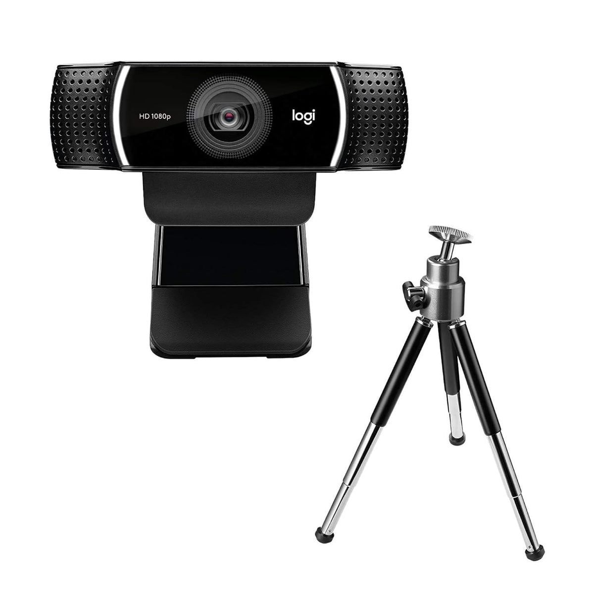 Logi HD 1080p webcam with a black stand, shown alongside a separate silver and black mini tripod on a plain white background.