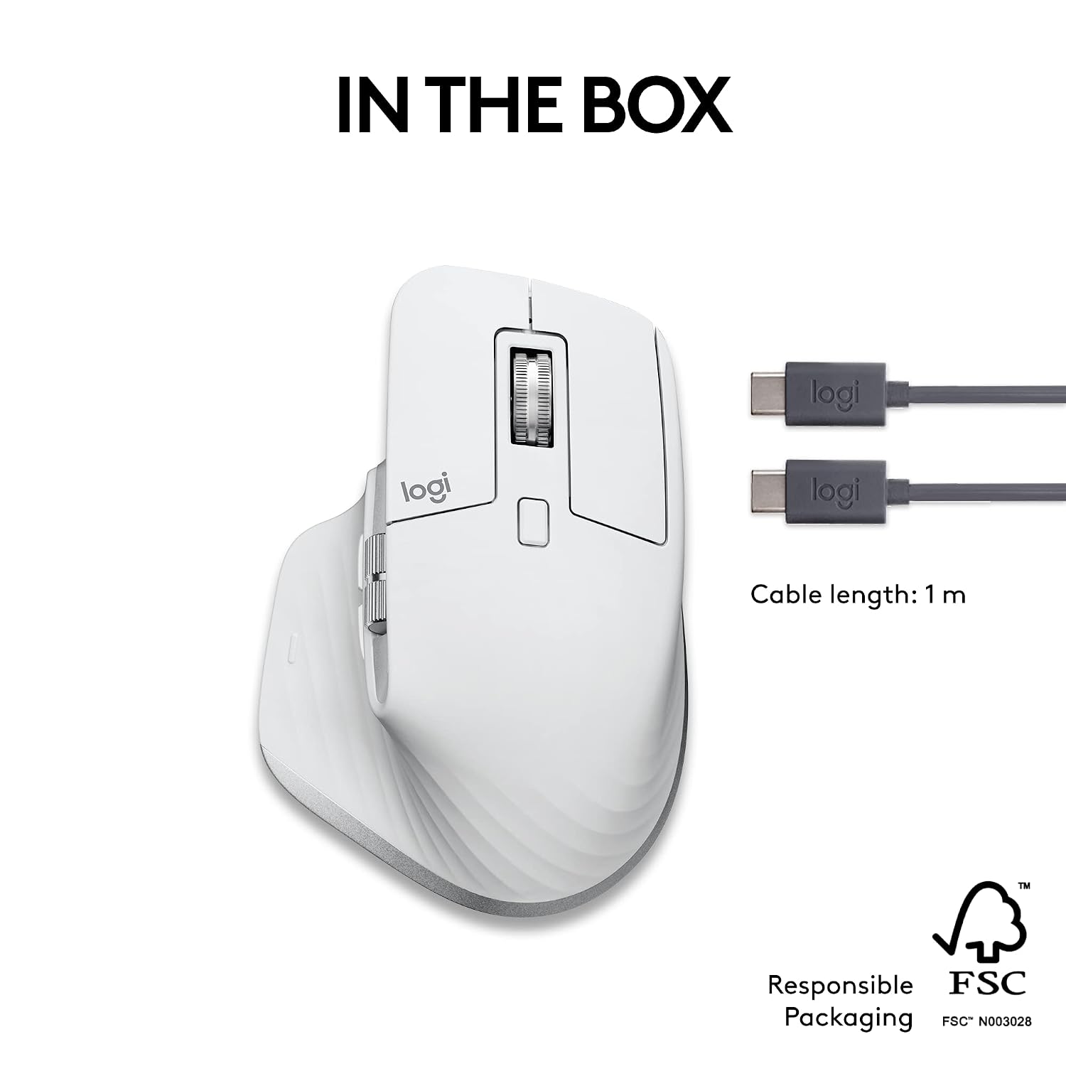 Logitech wireless mouse shown with its charging dock and cable on a white background under the heading 'IN THE BOX'. The mouse is white with a silver scroll wheel, and the cable is gray with Logitech branded connectors.