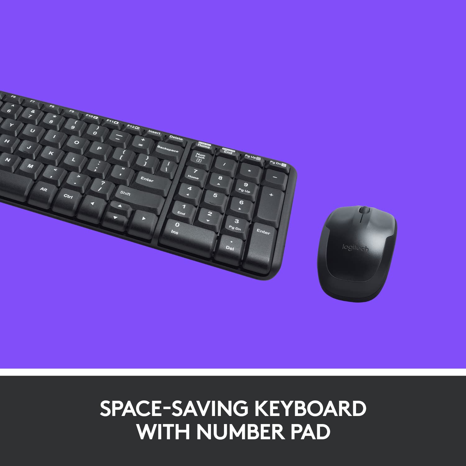 Black keyboard with number pad and mouse on a purple background
