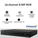 PRAMA 16-channel 8MP NVR security recorder shown on a light gray background with feature callouts: 2160p HD recording, H.265+ compression, up to 8 TB HDD storage, incoming bandwidth 160Mbps, and support for multiple VCA inputs.