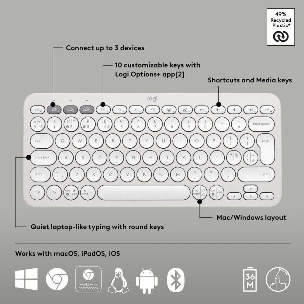 Logitech Pebble Keys 2 K380s Multi Device Bluetooth Wireless Keyboard - Tonal White