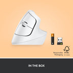 White ergonomic mouse with USB receiver and FSC logo on a beige background