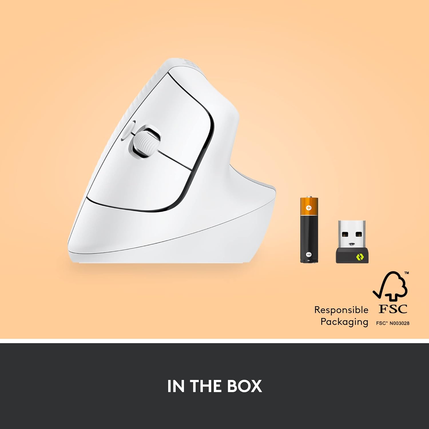 White ergonomic mouse with USB receiver and FSC logo on a beige background