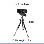 Logitech webcam on a small black and silver tripod with a USB cable shown beside it, under the text 'In the box' and 'Cable length: 1.5 m' on a white background.