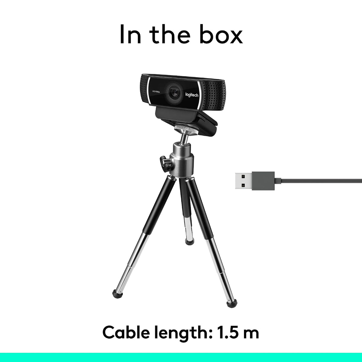 Logitech webcam on a small black and silver tripod with a USB cable shown beside it, under the text 'In the box' and 'Cable length: 1.5 m' on a white background.