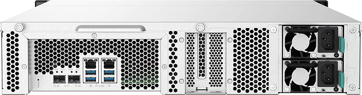 Back view of a server with cooling fans and network ports.