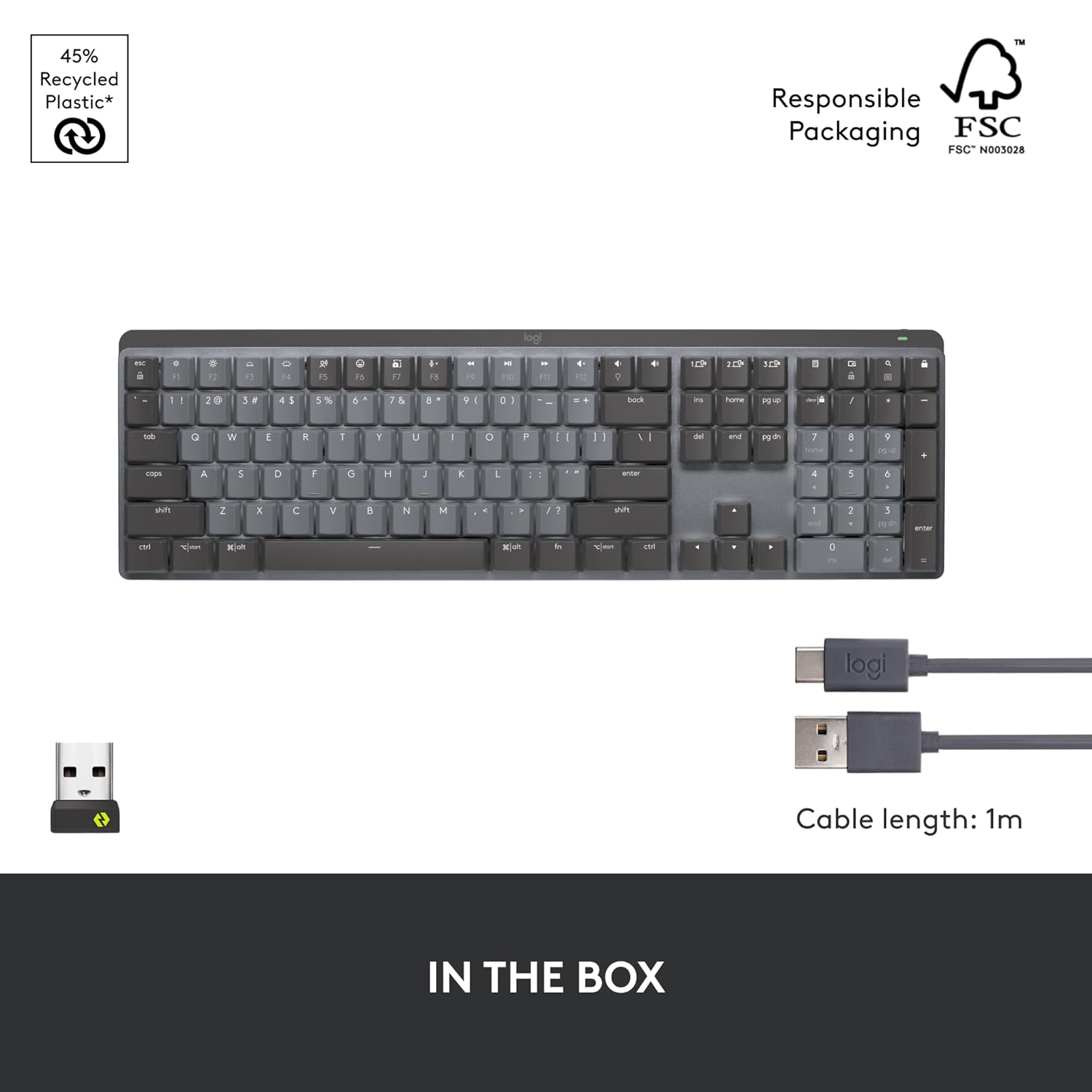 Black keyboard with USB cable on a white background, featuring recycled plastic and FSC logos.