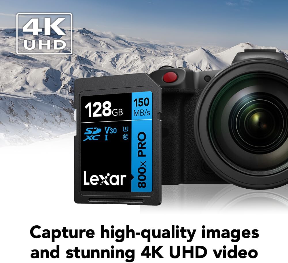 Lexar  High-Performance 800x PRO SD Card, UHS-I, C10, U3, V30, 4K, Up to 150MB/s Read SDXC Memory Card, for Point-and-Shoot & Mid-Range DSLR Cameras, HD Camcorders (LSD0800P128G-BNNNU)