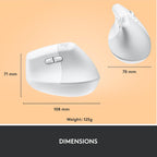 White Logitech wireless gaming mouse shown from two angles with dimension labels (71 mm, 108 mm, 70 mm) and weight (125 g) on a peach background, with a dark gray footer containing the word 'AFMETINGEN'.