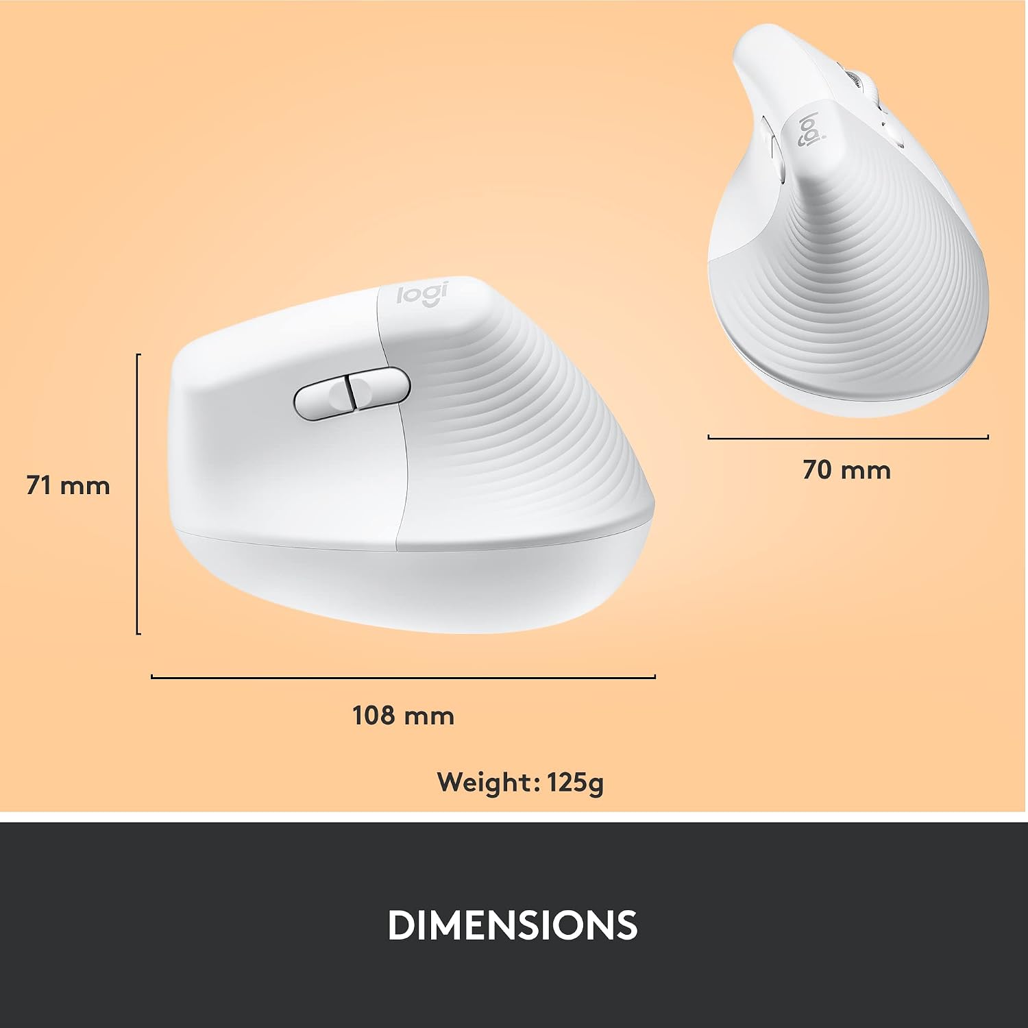 White Logitech wireless gaming mouse shown from two angles with dimension labels (71 mm, 108 mm, 70 mm) and weight (125 g) on a peach background, with a dark gray footer containing the word 'AFMETINGEN'.