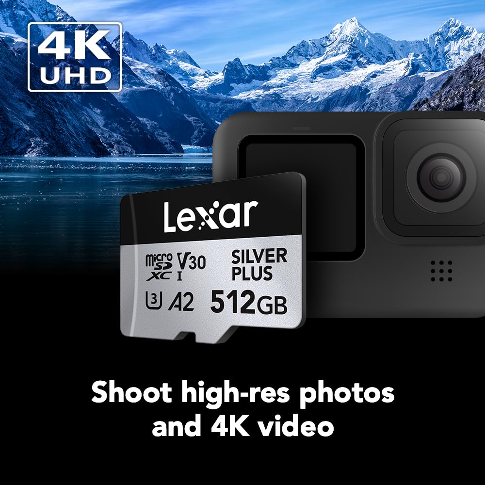 Lexar Professional Silver Plus microSDXC Memory Card w/SD Adapter, UHS-I, C10, U3, V30, Full-HD & 4K Video, Up to 205/150 MB/s Read/Write, for Videographers, Gamers