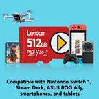 Lexar 512GB PLAY micro SD Card, UHS-I, C10, U3, V30, A2, Full HD, 4K, Up to 205/140 MB/s microSDXC Memory Card, Expanded Storage for Nintendo-Switch 1, Gaming, Smartphones, Tablets (LMSPLAY512G-BNSNU)