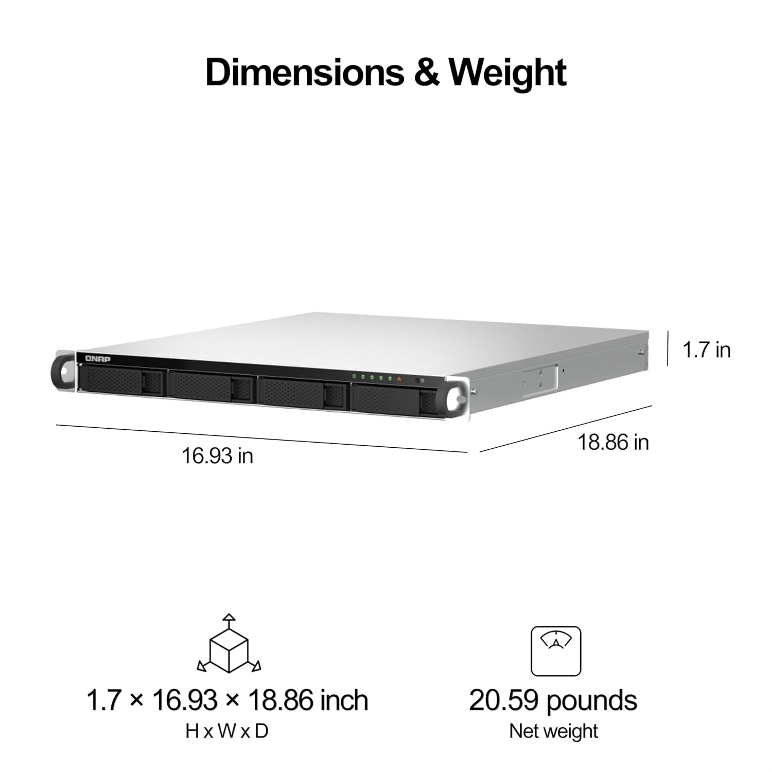 Technical dimension diagram of a silver and black server rack on a white background, showing its measurements (16.93 x 18.
