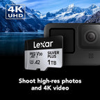 Lexar Professional Silver Plus microSDXC Memory Card w/SD Adapter, UHS-I, C10, U3, V30, Full-HD & 4K Video, Up to 205/150 MB/s Read/Write, for Videographers, Gamers