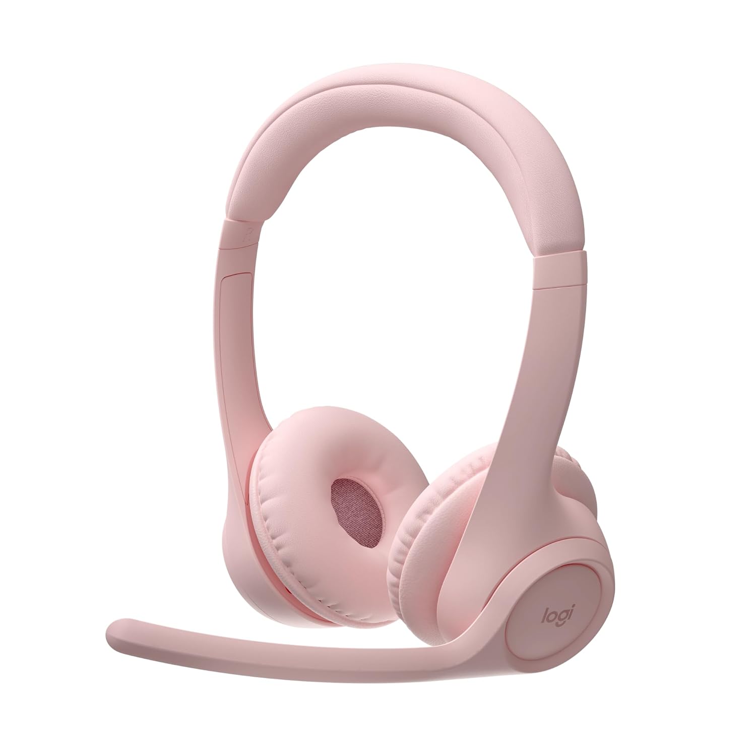 A light pink Logitech over-ear headset with an adjustable microphone, shown on a solid white background.