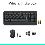 Logitech keyboard and mouse set with USB receiver and certification icons on a white background