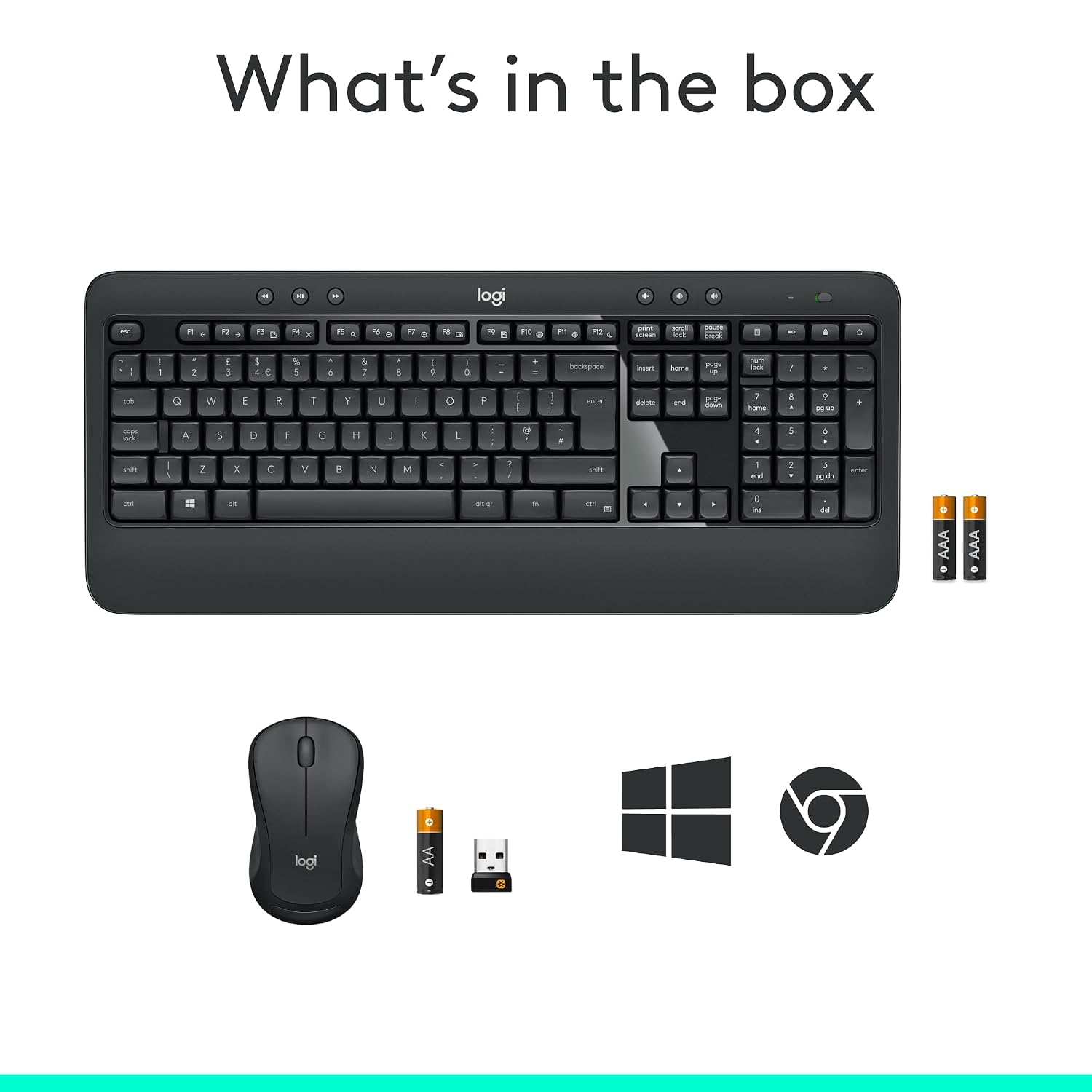 Logitech keyboard and mouse set with USB receiver and certification icons on a white background