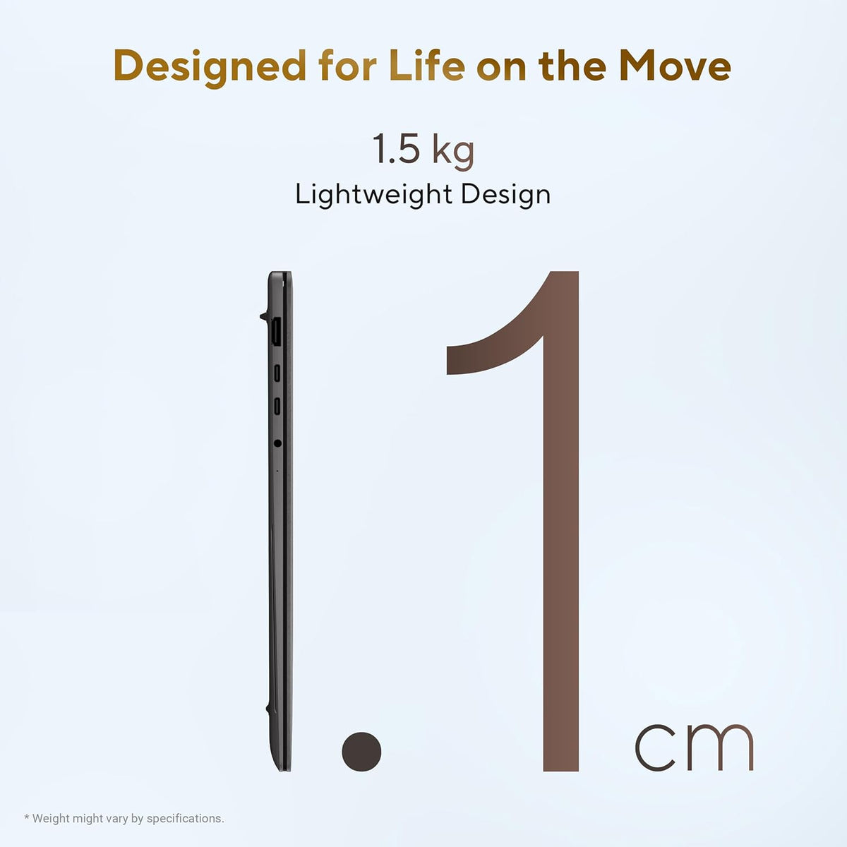Promotional graphic showing a slim black tablet or device profile next to large text reading '1.1 cm' and '1.