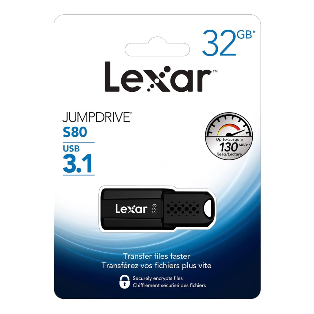 Lexar JumpDrive S80 32GB USB 3.1 Flash Drive, Up to 130MB/s Read I Compatible with Laptop desktops Television, Gaming Concolse, MP3 Players I (LJDS080032G-BNBNU), 2 Years Warranty - Black