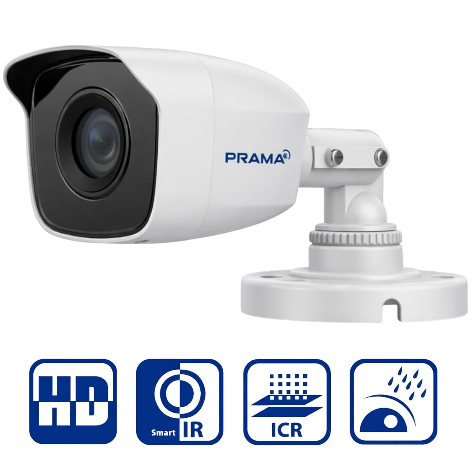 White PRAMA bullet security camera with a black lens cover, shown on a white background with four blue feature icons below: HD, Smart IR, ICR, and rain resistance.