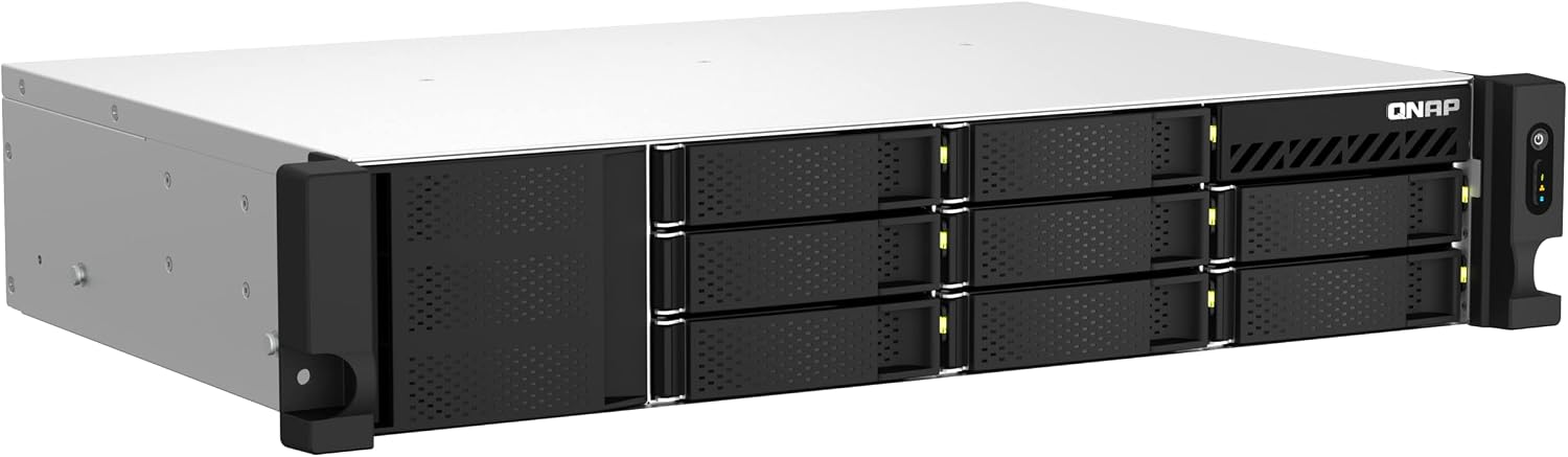 QNAP NAS device with multiple hard drive bays on a white background