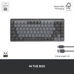 Mechanical keyboard with USB cable on a white background, featuring recycled plastic and FSC responsible packaging logos.