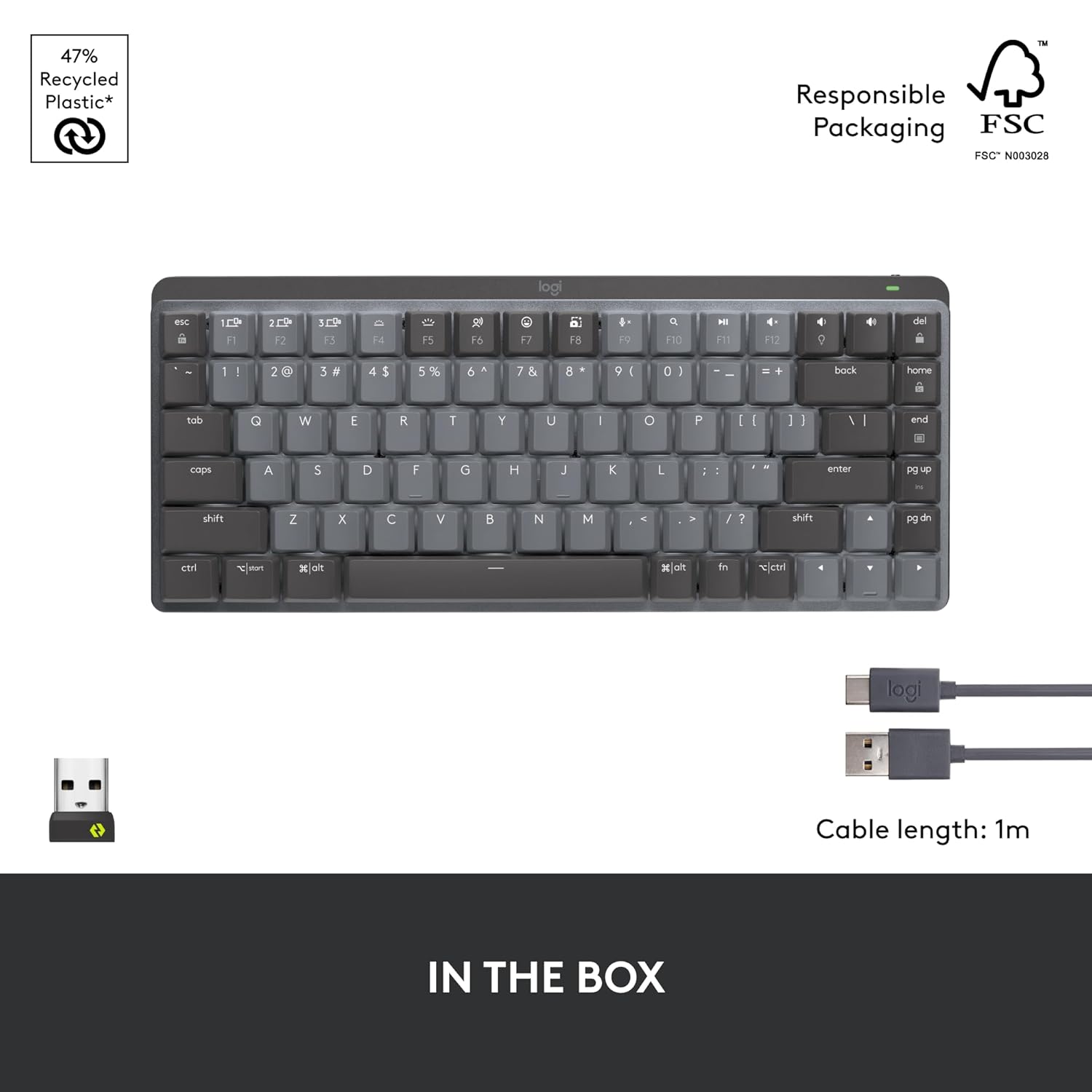 Mechanical keyboard with USB cable on a white background, featuring recycled plastic and FSC responsible packaging logos.
