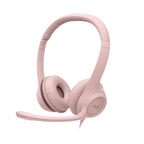 Pink headphones with 'log' branding on a white background