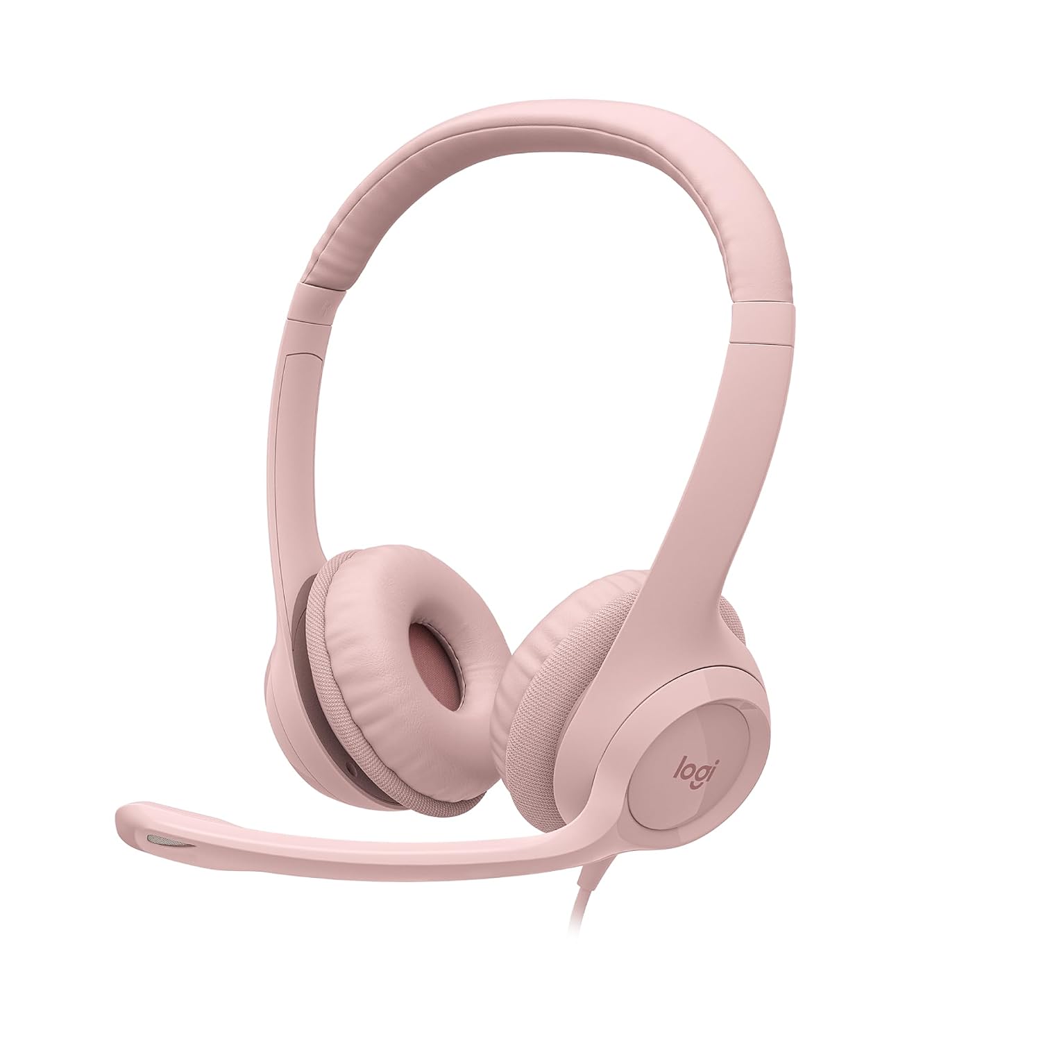 Pink headphones with 'log' branding on a white background