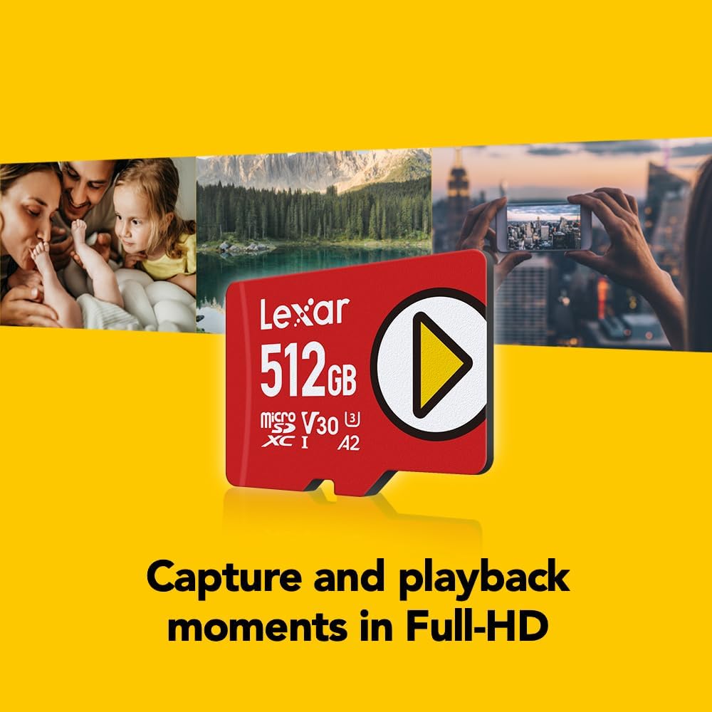 Lexar 512GB PLAY micro SD Card, UHS-I, C10, U3, V30, A2, Full HD, 4K, Up to 205/140 MB/s microSDXC Memory Card, Expanded Storage for Nintendo-Switch 1, Gaming, Smartphones, Tablets (LMSPLAY512G-BNSNU)