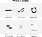 A product box contents overview titled 'What's in the Box' showing included items: a black TS-864eU-RP device, two power cords, an Ethernet cable, flat head screws, and a quick installation guide on a light gray background.