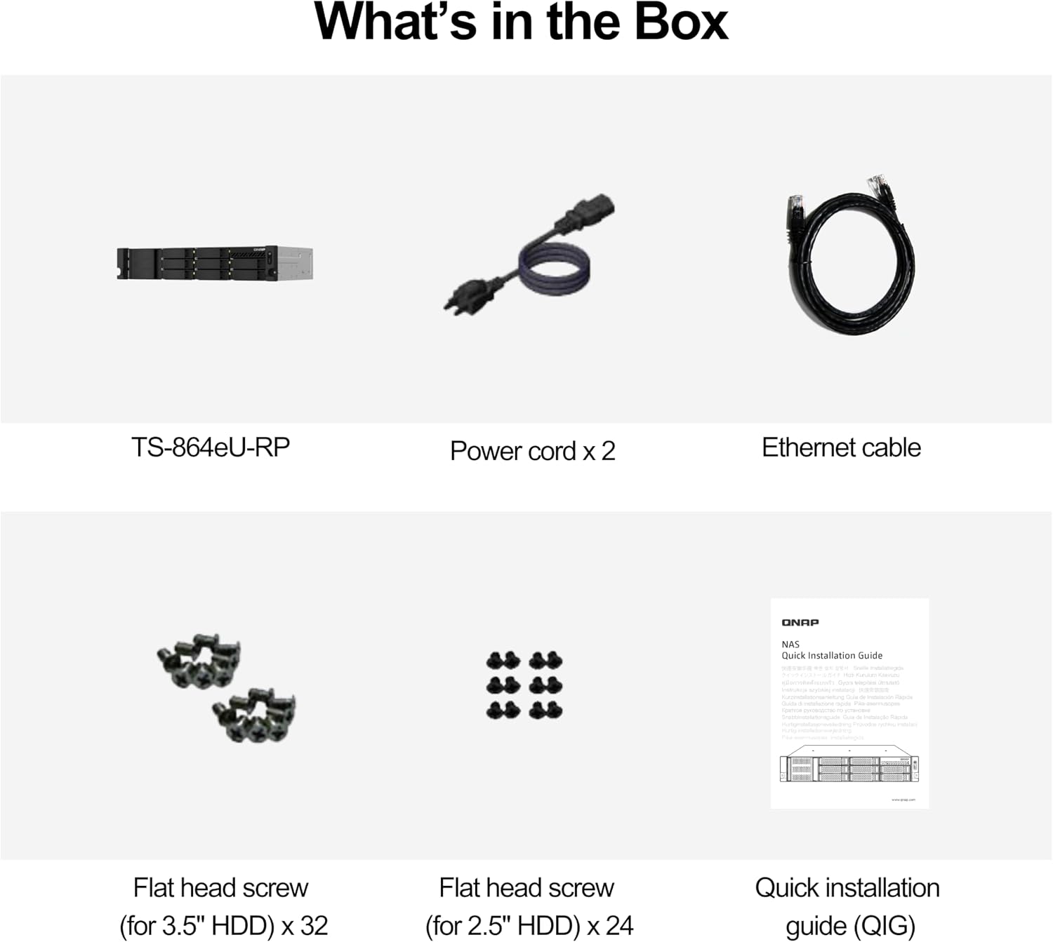 A product box contents overview titled 'What's in the Box' showing included items: a black TS-864eU-RP device, two power cords, an Ethernet cable, flat head screws, and a quick installation guide on a light gray background.