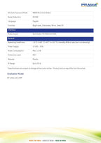 A technical specification and feature table for a Prama humidifier, with text details, interface options, power specs, and available models on a white background.