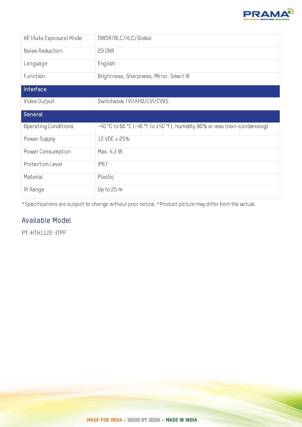 A technical specification and feature table for a Prama humidifier, with text details, interface options, power specs, and available models on a white background.