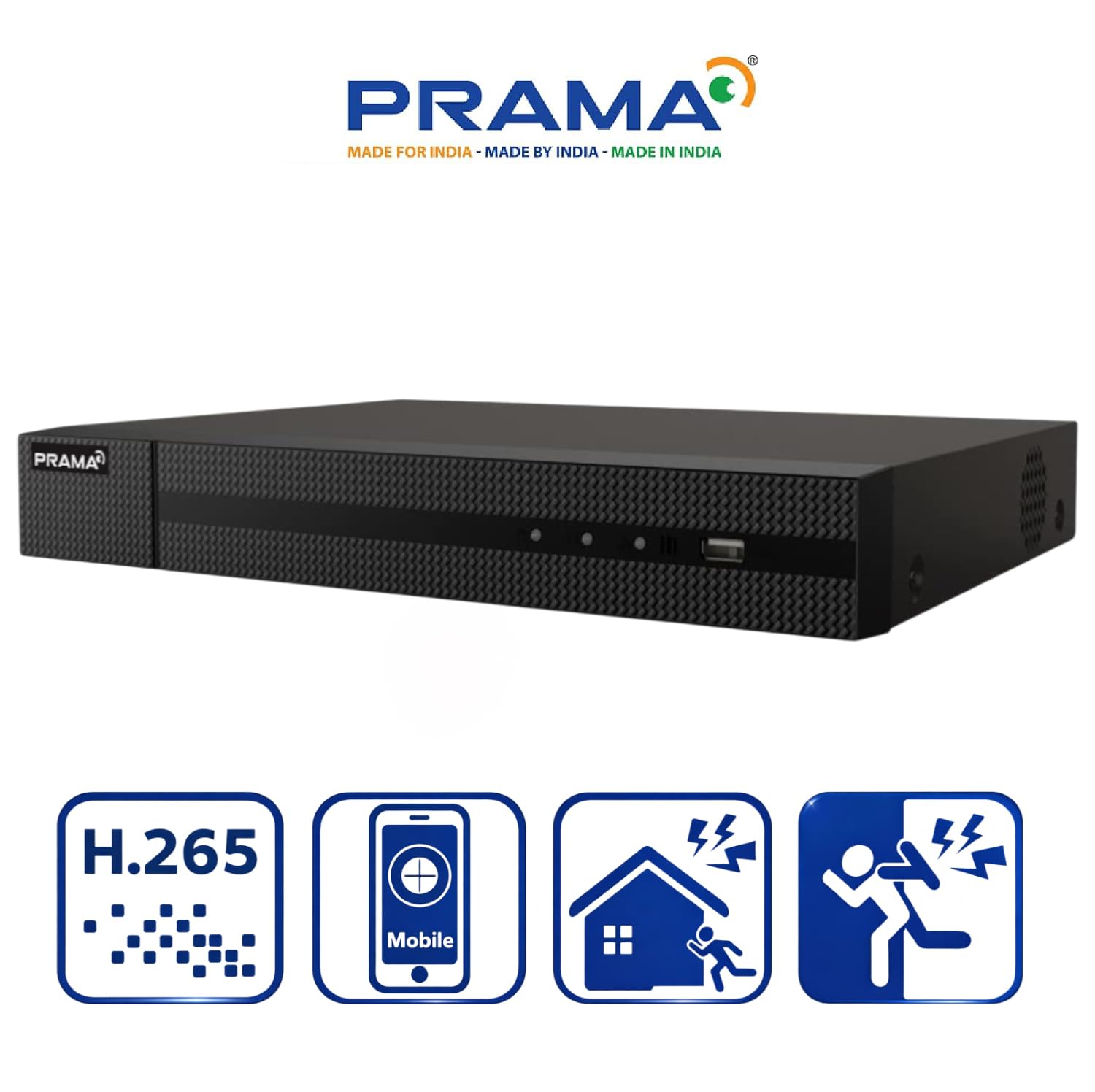 PRAMA H.265 8-channel digital video recorder (DVR) in black, shown on a white background with the PRAMA logo at the top and feature icons at the bottom indicating H.