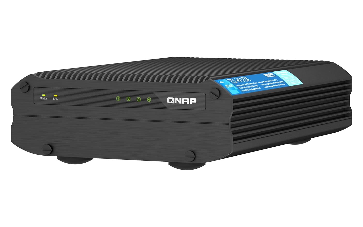 Black QNAP router with a blue display on a white background