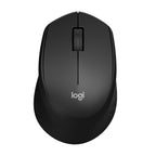 Black Logitech mouse on a white background