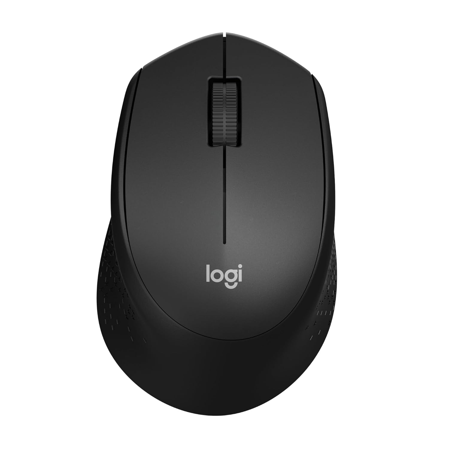 Black Logitech mouse on a white background