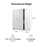 A white ONAP desktop tower computer shown with dimension labels and weight information on a light gray background. The image includes measurements for height, width, and depth, plus net weight.