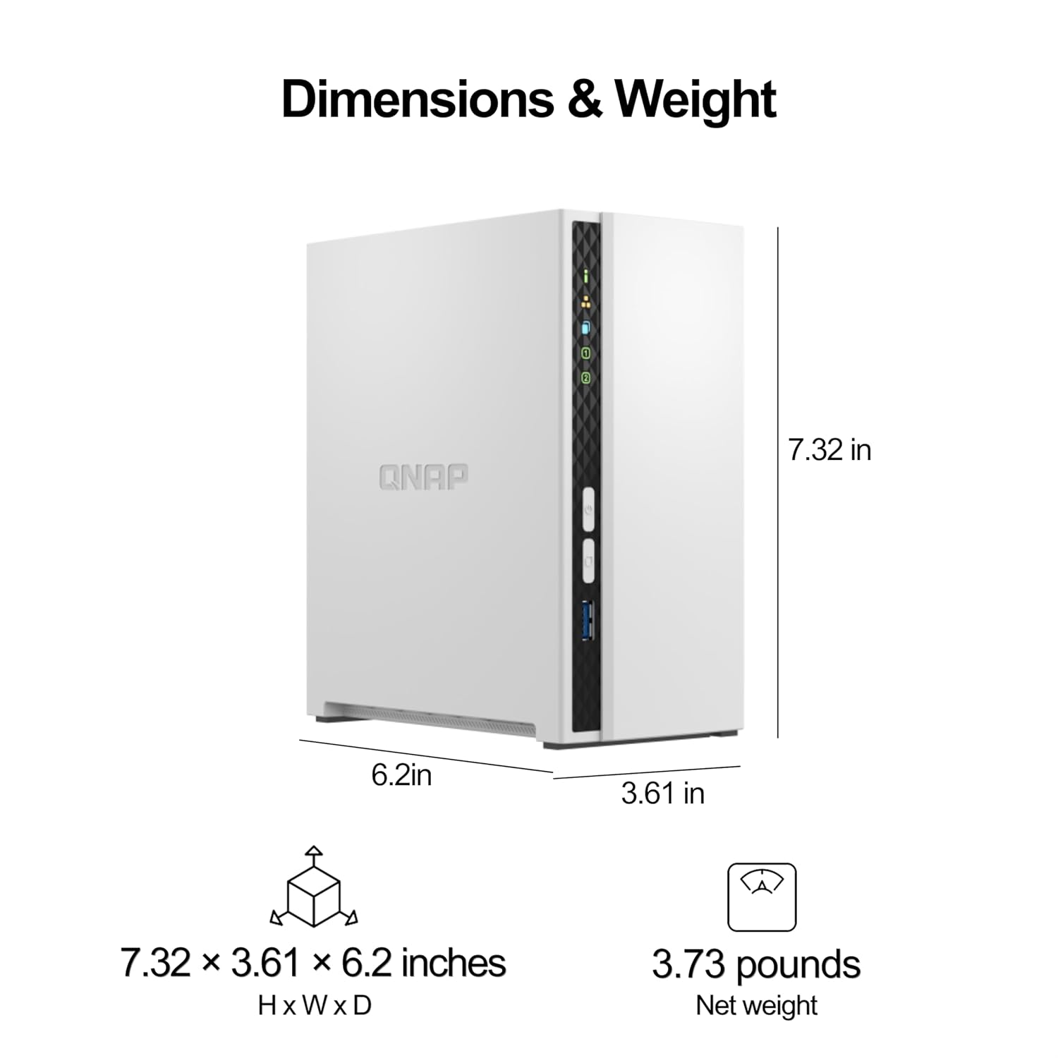 A white ONAP desktop tower computer shown with dimension labels and weight information on a light gray background. The image includes measurements for height, width, and depth, plus net weight.